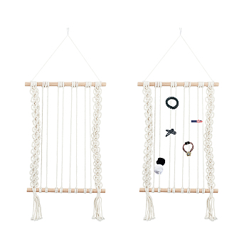 Cotton Hanging Wall Decorations, with Natural Wood Sticks, Rectangle, White, 70x30x1.8cm