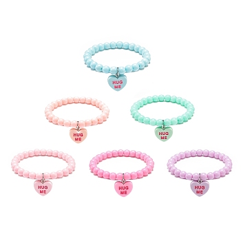 6Pcs 6 Color Candy Color Acrylic Round Beaded Stretch Bracelets Set, Heart with Word Hug Me Resin Charms Stackable Bracelets for Women, Mixed Color, Inner Diameter: 2-1/4 inch(5.6cm), 1Pc/color