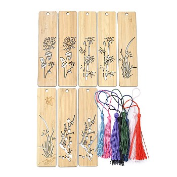 SUPERFINDINGS 8Pcs Chinese Style Bamboo Bookmarks, Rectangle with Plum Blossom/Cymbidium/Bamboo/Chrysanthemum Pattern, with 8Pcs Polyester Tassel Decorations, Mixed Color, 130~145x6~34x2~6mm, Hole: 5mm