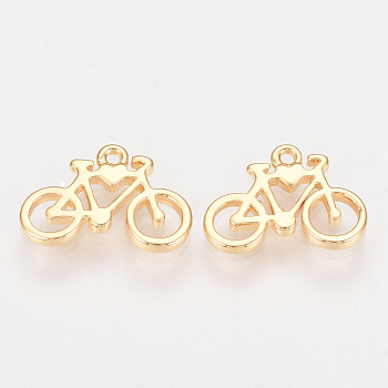 Brass Charms, Nickel Free, Real 18K Gold Plated, Bicycle, Golden, 9x13x1.5mm, Hole: 1mm