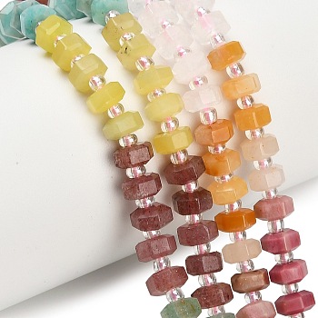 Natural Rhodonite & Yellow Aventurine & Rose Quartz & Amazonite & Lemon Jade & Strawberry Quartz & Green Aventurine Beads Strands, Gradient Color, Faceted, Hexagon, with Seed Beads, 6x6x3mm, Hole: 0.7mm, about 70pcs/strand, 14.88~14.96''(37.8~38cm)