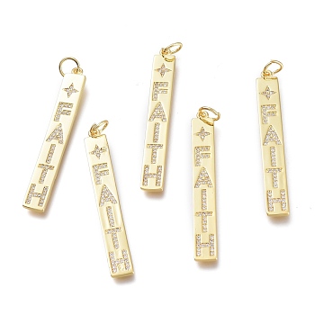 Brass Micro Pave Clear Cubic Zirconia Pendants, Inspirational Message Pendants, with Jump Rings, Long-Lasting Plated, Rectangle & Word Faith & Star, Golden, 46x6x1mm, Hole: 4.5mm