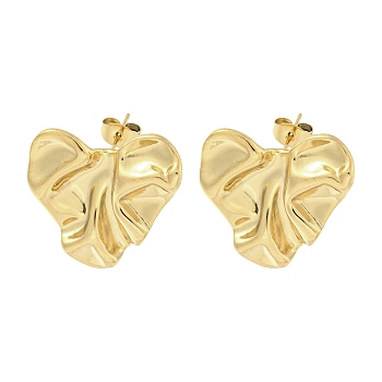 304 Stainless Steel Stud Earrings, Textured Heart, Golden, 24x24mm
