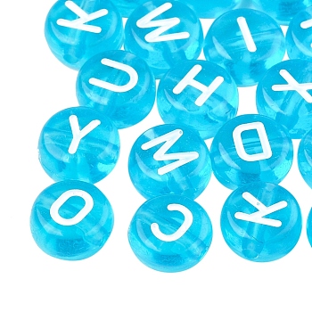 Transparent Acrylic Beads, Flat Round with White Mixed Letters, Deep Sky Blue, 7x4mm, Hole: 1.5mm, about 1480pcs/200g