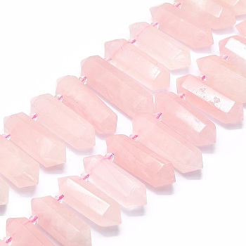 Natural Rose Quartz Beads Strands, Faceted, Double Terminated Pointed/Bullet, 25~63x13~16x11~13.5mm, Hole: 1.6mm, about 21~22pcs/strand, 15.55 inch(39.5cm)