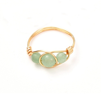 Copper Wire Wrapped Natural Green Aventurine Braided Bead Rings for Women, Real 18K Gold Plated, US Size 7 3/4, Inner Diameter: 18mm