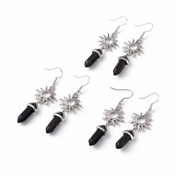 Natural Lava Rock Bullet with Sun Dangle Earrings, Platinum Brass Long Drop Earrings for Women, 60mm, Pin: 0.6mm