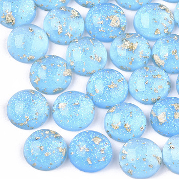 Resin Cabochons, with Glitter Powder and Gold Foil, Half Round, Light Sky Blue, 12x5.5mm
