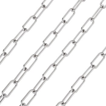 304 Stainless Steel Paperclip Chains, Drawn Elongated Cable Chains, Unwelded, with Spool, Stainless Steel Color, 17x7x1.6mm, about 16.4 Feet(5m)/roll