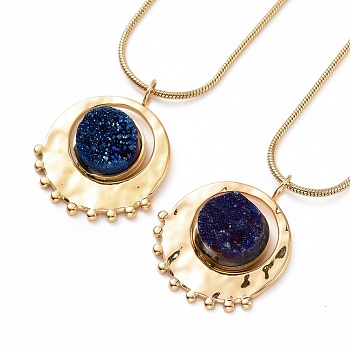 Natural Quartz Flat Round Pendant Necklace with 304 Stainless Steel Snake Chain, Druzy Gemstone Jewelry for Women, Golden, Marine Blue, 17.72 inch(45cm)