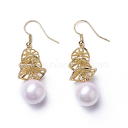 (Jewelry Parties Factory Sale)Synthetic Shell Pearl Dangle Earrings, with Brass Findings, Round, Lavender Blush, 49mm, Pin: 0.5mm(EJEW-P179-03G-04)