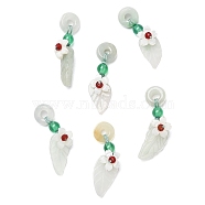 Natural Jadeite & Natural Green Onyx Agate & Crystal Dnout/Leaf Pendant Decorations, with Natural White Shell Flower Charm, 28.5mm, Hole: 2mm(G-G008-06)