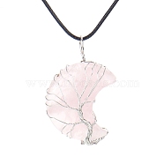 Natural Rose Quartz Crescent Moon Pendant Necklaces, with Copper Wire, 18.90 inch(48cm)(PW-WG70010-03)