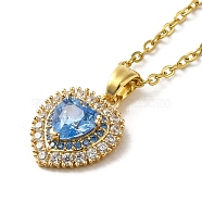 Brass Rhinestone and Glass Pendant Necklaes, Stainless Steel Necklaces, Heart, Golden, 15.98 inch(40.6cm)(NJEW-M210-02G)