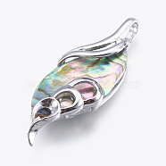 Abalone Shell/Paua Shell Big Pendants, with Brass Findings, Leaf, Platinum, 46.5x18x7mm, Hole: 4x5.5mm(SSHEL-P014-23)