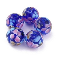 Round Lampwork Beads, Plum Flower Petal Pattern, with Hole, Midnight Blue, 12mm, Hole: 1.8mm(LAMP-H059-A01)