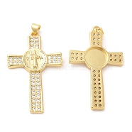 Brass Micro Pave Cubic Zirconia Pendants, Lead Free & Cadmium Free, Cross with Jesus Charms, Real 18K Gold Plated, 44x27x4mm, Hole: 5.2x3.5mm(KK-M249-25G)