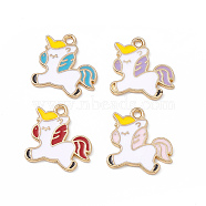 Alloy Enamel Pendants, Unicorn Charm, Light Gold, Mixed Color, 18x20x1mm, Hole: 1.6mm(FIND-C019-56KCG)