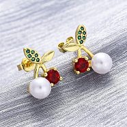 Cherry Brass Micro Pave Cubic Zirconia Stud Earrings, with ABS Plastic Pearl, Long-Lasting Plated, Lead Free & Cadmium Free, Real 18K Gold Plated, 14x11.5mm(EJEW-H158-08A-G)