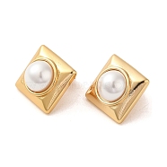 Square 304 Stainless Steel Stud Earrings, Plastic Imitation Pearl Earrings for Women, Golden, 16.5x16.5mm(EJEW-U003-36G)