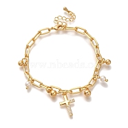 Cross Brass Micro Pave Clear Cubic Zirconia Cable Chain Bracelets For Women, with ABS Imitation Pearl, Real 18K Gold Plated, 6-7/8x1/8 inch(17.6x0.45cm)(BJEW-L696-114G)