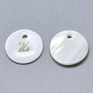 Natural White Shell Mother of Pearl Shell Charms, with Iron Sticker, Flat Round with Letter, Letter.Z, 13x2mm, Hole: 1.5mm(SSHEL-N036-053Z)