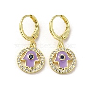 Hamsa Hand Real 18K Gold Plated Brass Dangle Leverback Earrings, with Enamel and Cubic Zirconia, Lilac, 27x12mm(EJEW-Q797-10G-05)