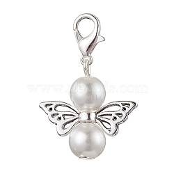 Angel Glass Pearl Pendant Decorations, Lobster Claw Clasps Charms for Bag Ornaments, White, 33mm(HJEW-JM02365)