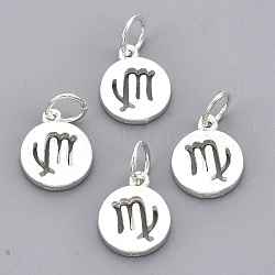 925 Sterling Silver Charms, with Jump Ring, Flat Round with Constellation/Zodiac Sign, Carved 925, Virgo, 12x10x1.5mm, Hole: 4mm(X-STER-T002-44S-06)