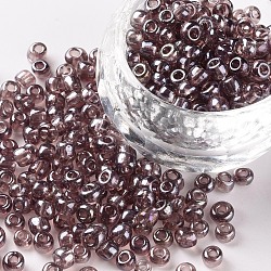 Glass Seed Beads, Trans. Colours Lustered, Round, Rosy Brown, 4mm, Hole: 1.5mm, about 500pcs/50g, 50g/bag, 18bags/2pounds(SEED-US0003-4mm-116)