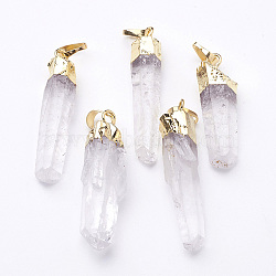 Natural Quartz Crystal Pointed Pendants, Rock Crystal Pendants, with Golden Plated Brass Bails, Nugget, 30~75x5~15mm, Hole: 8x5mm(X-G-D140-16G)
