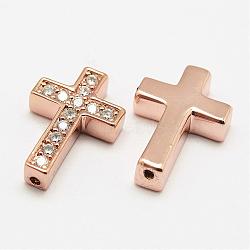 Brass Micro Pave Grade AAA Cubic Zirconia Beads, Cross, Cadmium Free & Nickel Free & Lead Free, Real Rose Gold Plated, 18.8x12.8x3.8mm, Hole: 1.5mm(KK-P055-14RG-NR)