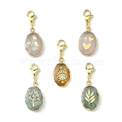 Natural Gemstone Pendant Decorations, with 304 Stainless Steel Lobster Claw Clasps, Oval Charms with Golden Brass Edge, 35x12.5x3.5mm(HJEW-JM01200)