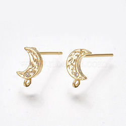 Left and Right Brass Cubic Zirconia Stud Earring Findings, with Loop, Moon, Clear, Nickel Free, Real 18K Gold Plated, 8.5x5mm, Hole: 0.7mm, Pin: 0.7mm(KK-S350-033G)