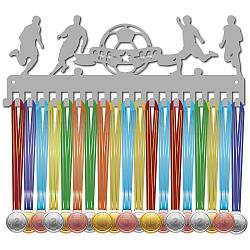 Fashion Iron Medal Hanger Holder Display Wall Rack, 20-Hooks, with Screws, Silver, Football, 150x400mm, Hole: 5mm(ODIS-WH0037-184)