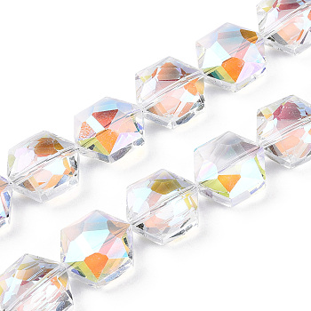 Faceted Glass Beads Strands, Clear, Hexagon, 15x14x8mm, Hole: 1.2mm, about 50pcs/strand, 29.29 inch~29.53 inch(74.4~75cm)