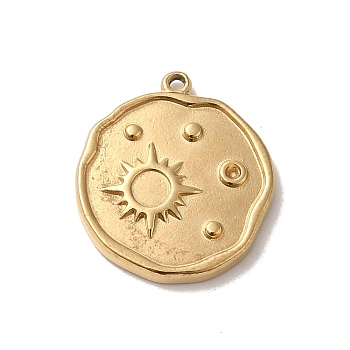 304 Stainless Steel Pendants, Flat Round with Sun Charm, Real 14K Gold Plated, 17x15x2mm, Hole: 1mm