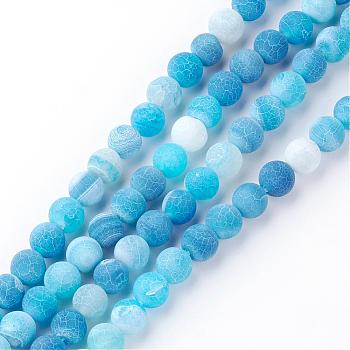 Natural Fire Crackle Agate Bead Strands, Frosted, Dyed, Round, Deep Sky Blue, 8x7mm, Hole: 1.5mm, about 48pcs/strand, 13.58 inch(34.5cm)
