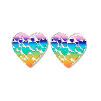 Printed Transparent Acrylic Pendants, Heart with Heart Pattern, Colorful, 39x39.5x2.5~2.8mm, Hole: 2mm