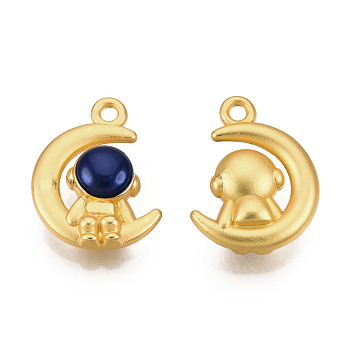 Rack Plating Alloy Enamel Pendants, Matte Gold Color, Cadmium Free & Nickel Free & Lead Free, Spaceman with Moon, Midnight Blue, 16x13x5mm, Hole: 1.5mm
