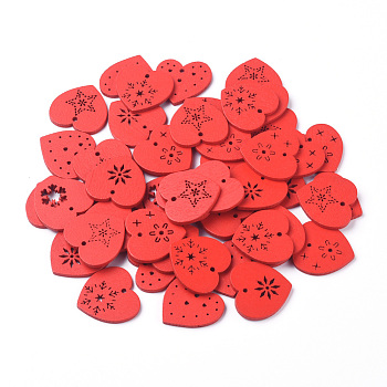 Natural Poplar Wood Pendants, Spray Painted, for Christmas, Heart with Snowflake, Red, 27.5x28.5x2.5mm, Hole: 2.5mm