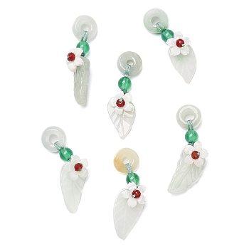 Natural Jadeite & Natural Green Onyx Agate & Crystal Dnout/Leaf Pendant Decorations, with Natural White Shell Flower Charm, 28.5mm, Hole: 2mm