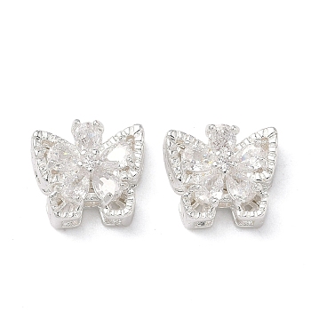 Brass Micro Pave Cubic Zirconia Beads, Butterfly, 925 Sterling Silver Plated, Clear, 11x13x7mm, Hole: 1.4mm