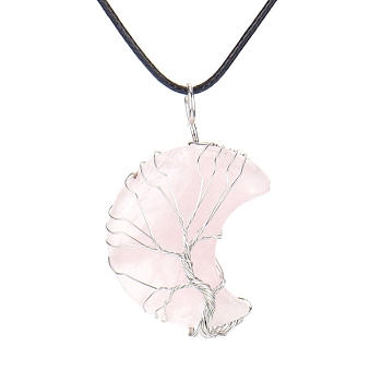 Natural Rose Quartz Crescent Moon Pendant Necklaces, with Copper Wire, 18.90 inch(48cm)