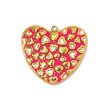 304 Stainless Steel Enamel Pendants, Heart Charm, Real 18K Gold Plated, Ion Plating(IP), Long-Lasting Plated, Hot Pink, 29x29mm,Hole:1.60mm