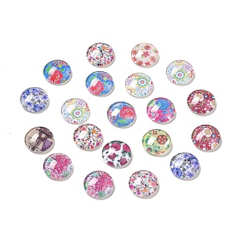 Half Round/Dome Floral Printed Glass Flatback Cabochons, Mixed Color, 12x4~5mm
