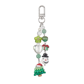 Christmas Handmade Lampwork Pendant Decorations, with Resin and Green Aventurine Beads, Alloy Swivel Clasps, Christmas Tree/Snowman, Green, 130mm