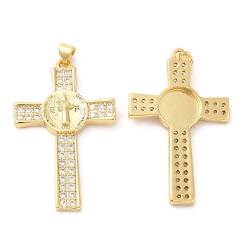 Brass Micro Pave Cubic Zirconia Pendants, Lead Free & Cadmium Free, Cross with Jesus Charms, Real 18K Gold Plated, 44x27x4mm, Hole: 5.2x3.5mm