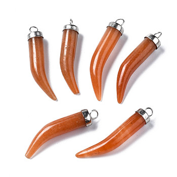 Natural Red Aventurine Pendants, with Platinum Iron Findings, Little Pepper, 34~39x6~7mm, Hole: 2.5mm