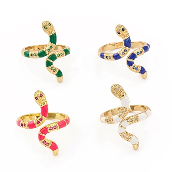 Cubic Zirconia Snake Open Cuff Ring with Enamel, Real 18K Gold Plated Brass Jewelry for Women, Lead Free & Cadmium Free, Mixed Color, Inner Diameter: 18mm